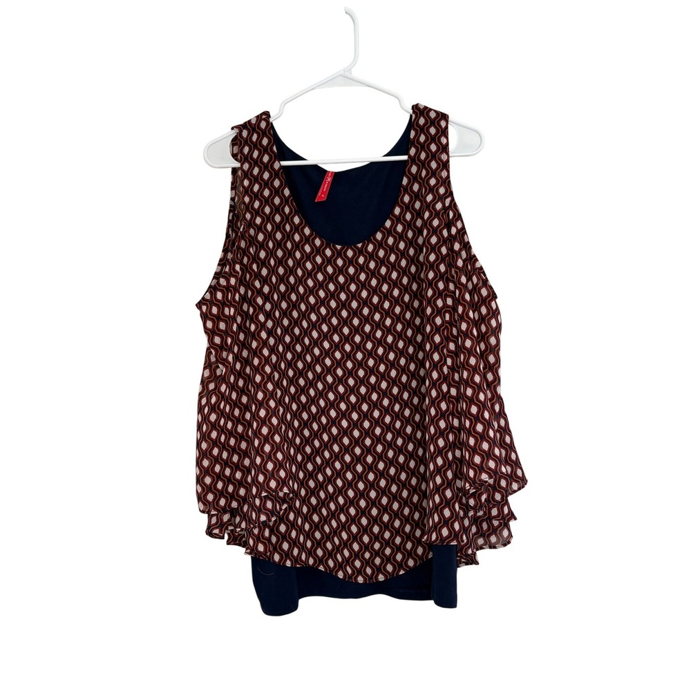 Ruby Ribbon Womens XL Cold Shoulder Top Geometric Diamond Print Navy Orange 1352